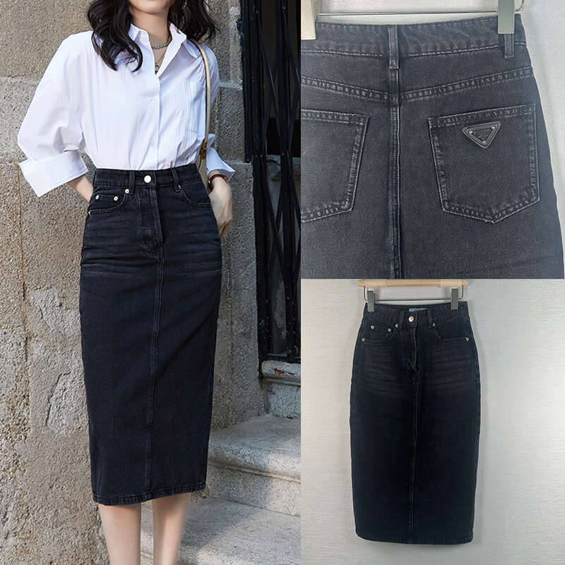 Designer Pujia PR Black Denim Midi Skirt For Women With Triangle Logo, High Waist Loose Fit, Summer 2024 Style a442
