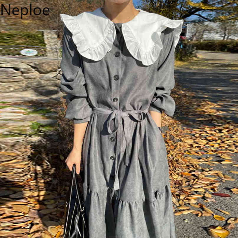 Neploe Korean Chic Maxi Dresses Women Temperament Peter Pan Collar Ruffles Vestidos Single Breasted Loose Lace Up Elegant Dress 210422