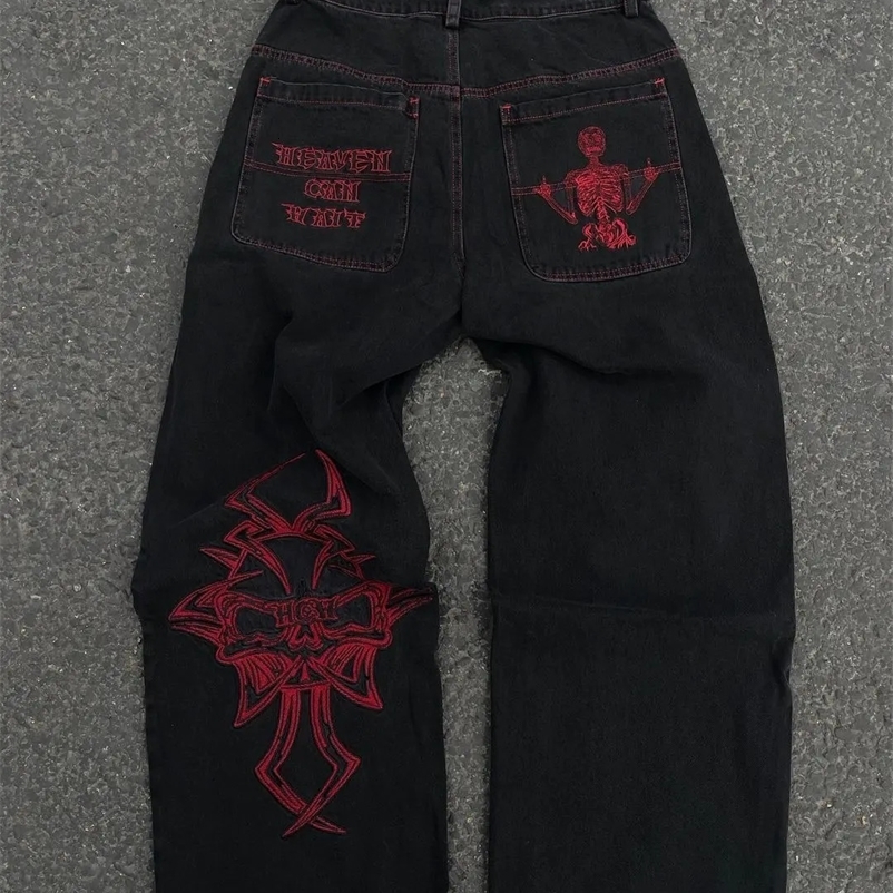 Y2K Jeans Mens Hip Hop Retro Skull Embroidery Washed Baggy Denim Pants Straight Casual Loose Wide Leg Trouser Streetwear 240319