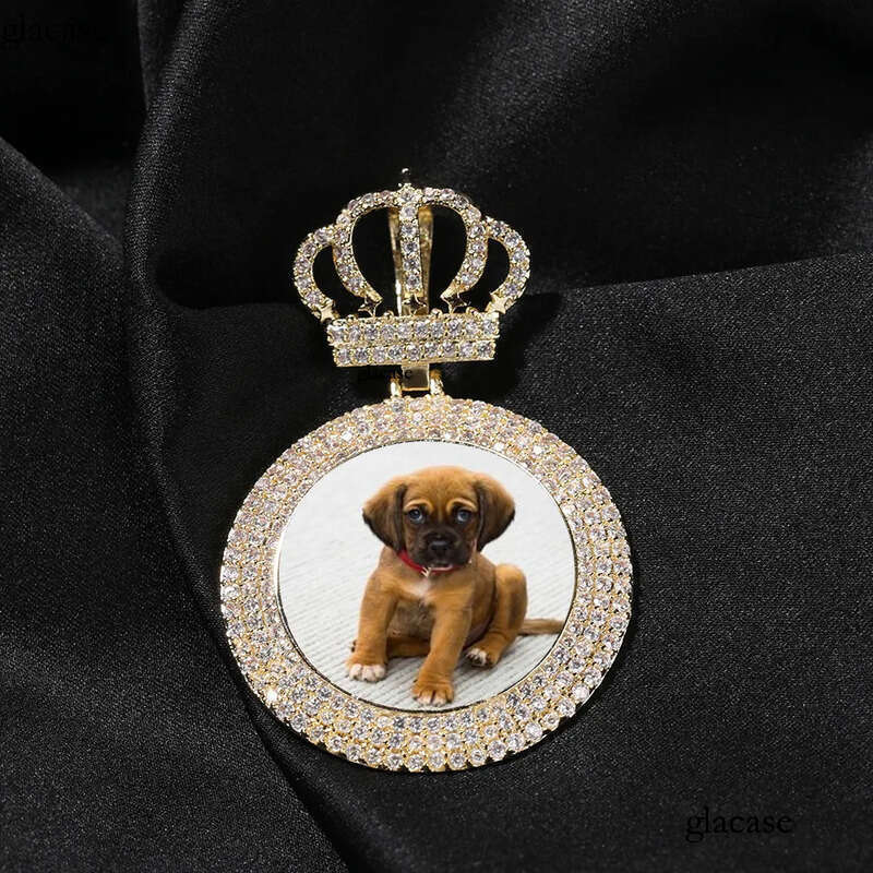 Custom Photo Pendant Necklace Crown Clasp Round Memorial Frame Medal Pendants