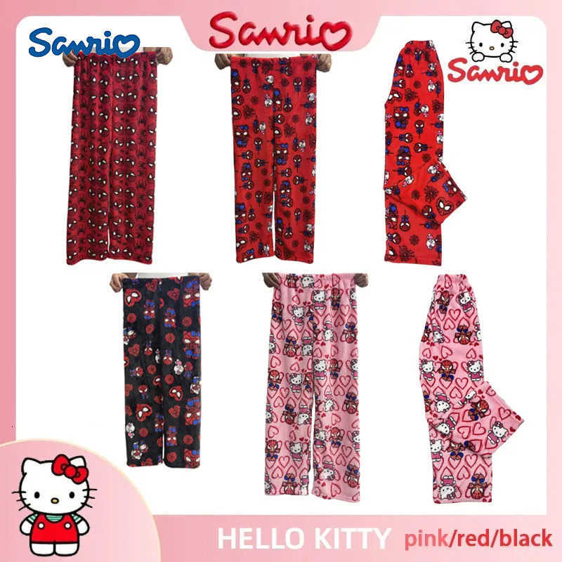 Sanrio 2024 New Y2K Hello Kitty SpiderMan Pajamas Pants Trousers Anime Cartoon Men and Women Flannel Loose Warm Home Pants L250925