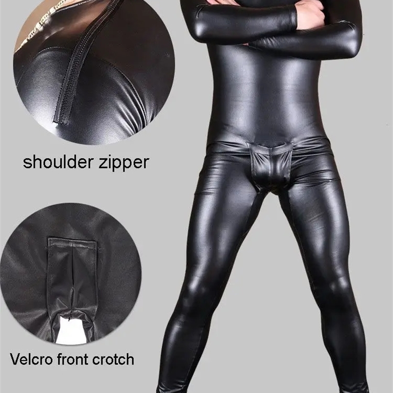 S-5XL Winter Fleece PU Leather Catsuit Mens Thermal Underwear Tight Warm Bodysuit Jumpsuit Leotard Conjoined Body Pyjama Unitard 240703