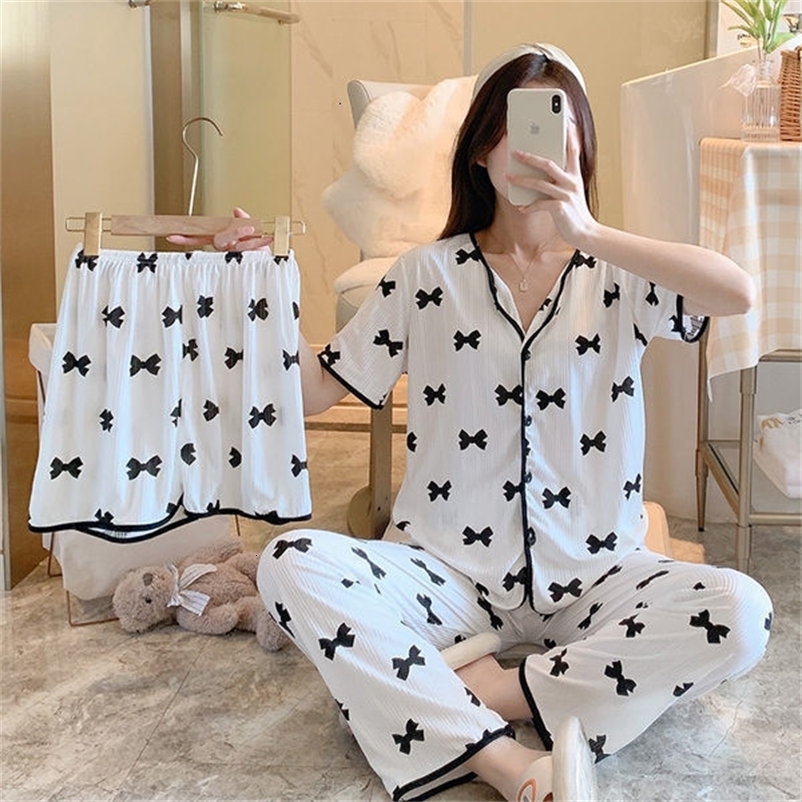 Women's Sleepwear Cartoon Pajamas Set Women Long Pants Short Sleeved Summer Spring Loungewear Female 3 PCS Home Clothing Sweet Girls Sleepwear 23