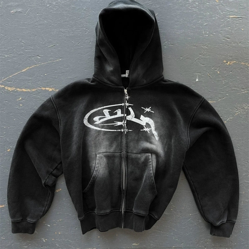 Y2k Zip Up Hoodies Vintage Fashion Print Harajuku Hip Hop Long Sleeve Coats Loose Hooded Sweatshirt Men and Women Streetwear 250225