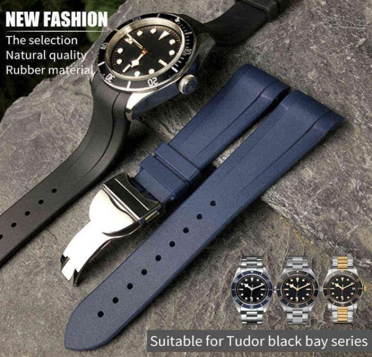 22mm Natural Rubber Silione Watch Band Special for Tudor Black Bay Gmt Curved End Pinfolding Buckle Black Blue Red Wrist Strap H03233173