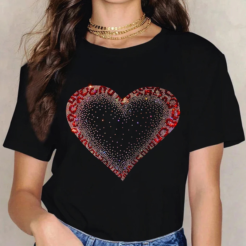 Exquisite Fashion Diamond Shining Love Summer Dress Womens Casual T-shirt Round Neck Shirt Short Sleeve 250321
