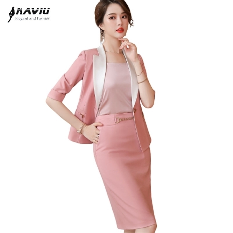 Pink Suits Women Summer Fashion Temperament Business Formal Slim Blazer And Skirt Office Ladies Work Wear 210708