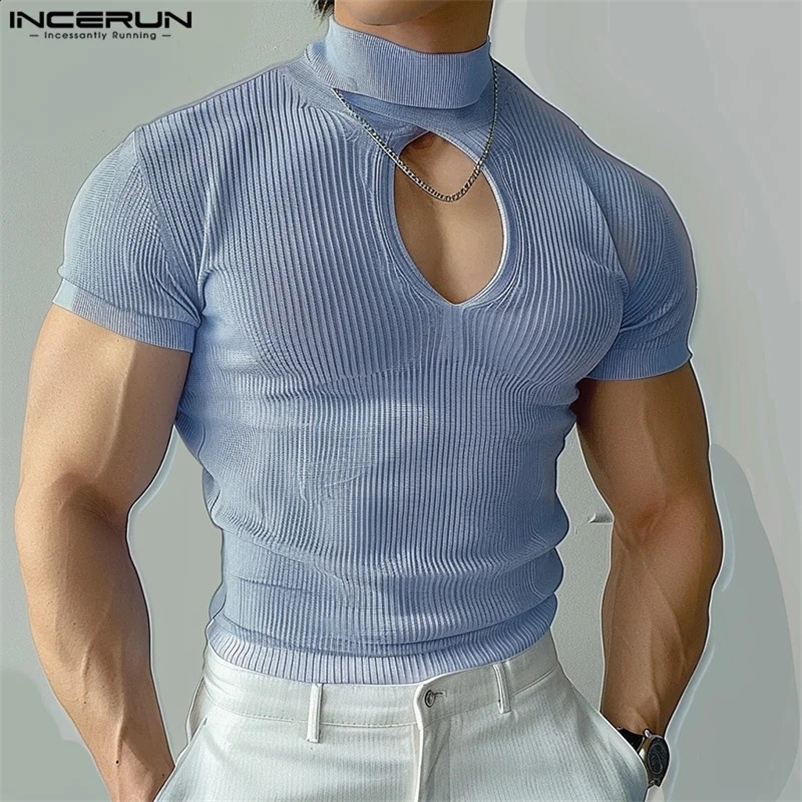 INCERUN Mens T Shirt Turtleneck Short Sleeve Hollow Out Solid Color Skinny Men Clothing Streetwear Knitted Summer Tee Tops 250226