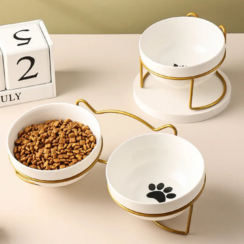 500ML pet ceramic bowl kitten puppy ceramic bowl water dispenser cat food bowl dispenser with lifting frame 250414