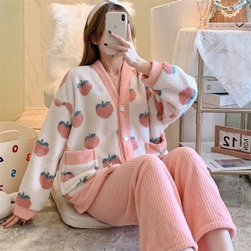 Women's Sleepwear Winter Women Pajamas Set Turn-down Collar Sleepwear Warm Flannel Pajama Casual Mom Sleepwear Pyjamas Homewear Cloth 230227