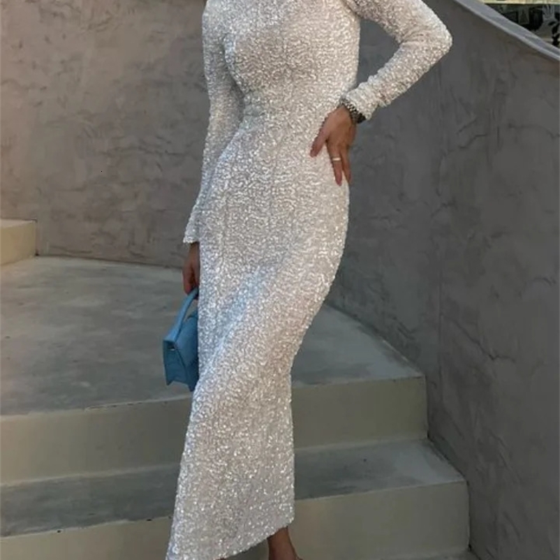 Elegant sequin long party dress womens ultra-thin O-neck detachable full sleeve womens dress solid color shiny evening dress 241231