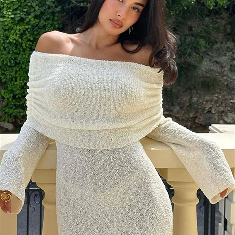 Sexy Knitted Dress Women Slash Neck Long Sleeve Bodycon Female Dresses Summer Beach Holiday Party Highly Elastic Lady Robe 240703