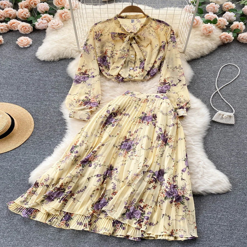 Women Summer Bohemian Floral Print Skirt Set Long Sleeve Short Tops High Waist Pleated Midi Female Two Piece Suits 240727