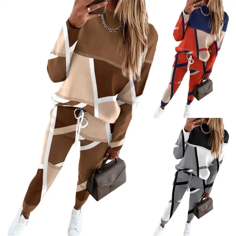 Women Suit Colorblock Womens Sweatshirt Pants Set Stylish Round Neck Elastic Waist Soft Sports Tracksuit for Fall Spring Lady 240809