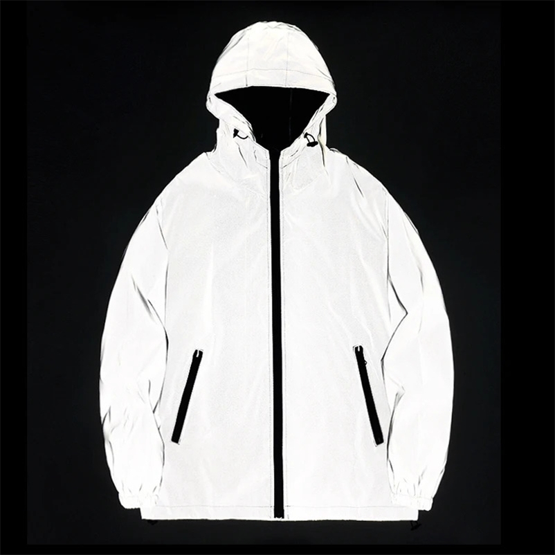 Night Reflective Jackets Double Fabric Windbreaker Hooded Jacket Men Hip Hop Dancer singer Waterproof Zipper Coats Outwear 240809