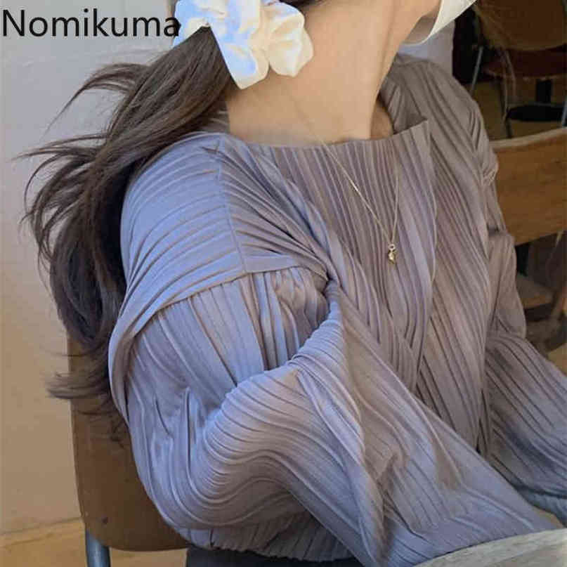 Nomikuma Causal O-neck Women Shirt Korean Pleated Long Sleeve Blusas Femme Autumn Chic Solid Blouses Feminimos Tops 6C279 210427