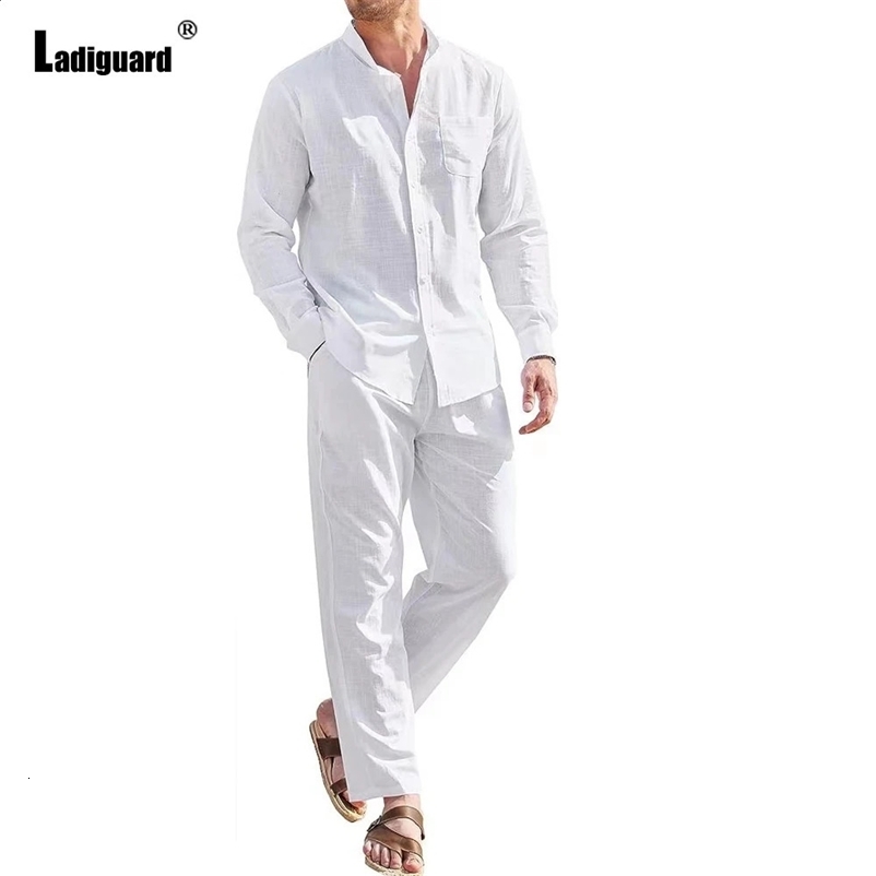 Ladiguard Plus size mens casual linen two-piece set European style basic top and white pants set mens beach track suit set 241203
