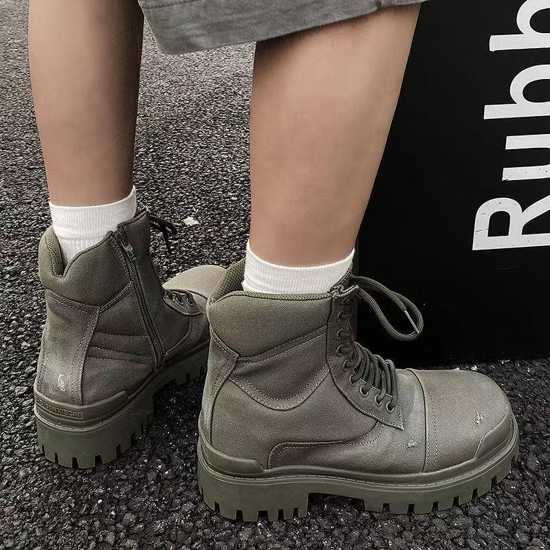 designer Boots in green cotton canvas couple martin boots high quality Combat Strike 20mm cotton canvas upper classic round toe boots autumn winter br