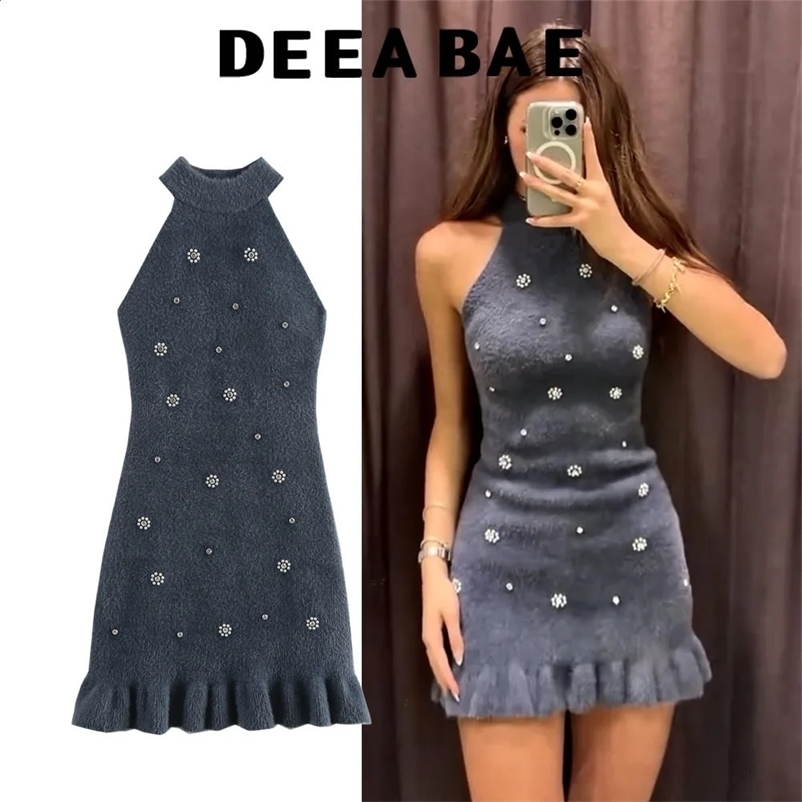 DEEABAE European style winter bead decoration artificial fur effect hanging collar dress 250317