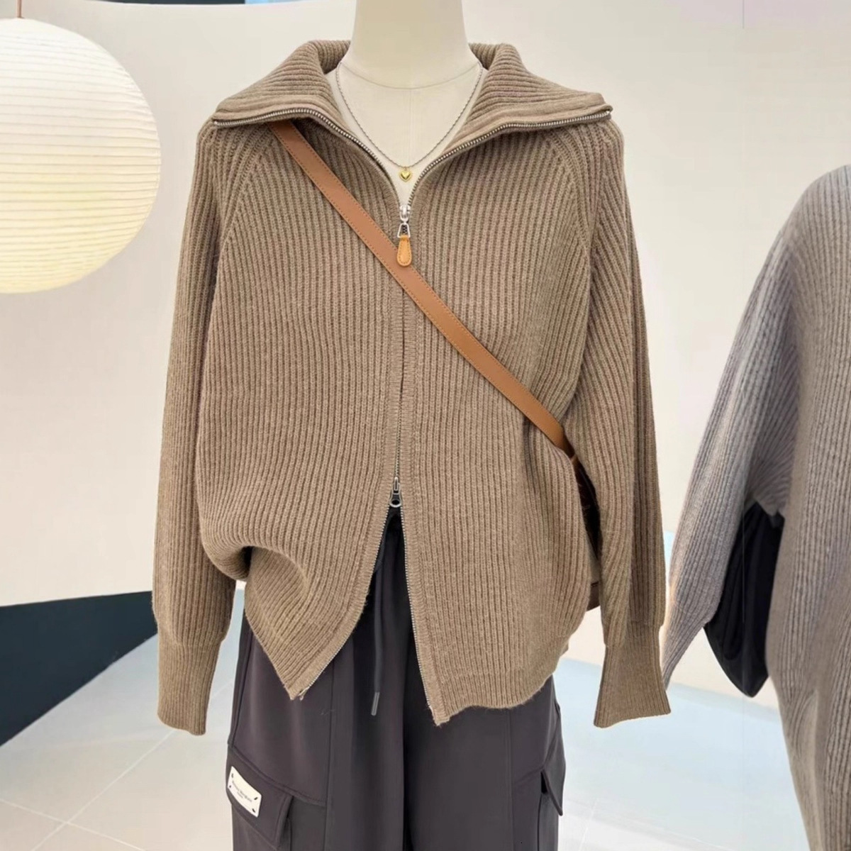 New Women's Knitted Double Zipper Jacket Thickened Lazy Cardigan for Women