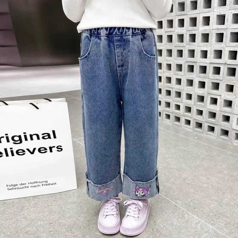 Sanrio Girl Cowboy Pants Kuromi Kawaii Anime Cartoon Fashion Student Motion WideLeg Jeans Casual Pants Children Clothing New L250925