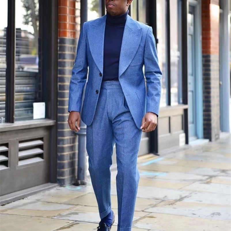 Men's Suits Blazers Boyfriend Wedding Set Blue Linen 2-Piece Men's Formal Slim Fit Custom Tailcoat Men's Business Casual Set 230406