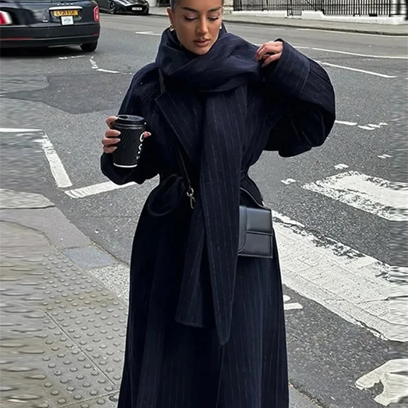 Striped Casual Long Trench Coats Women Street Single Breasted Long Sleeve Jacket With Belts Female Autumn Chic Scarf Outwear 250118