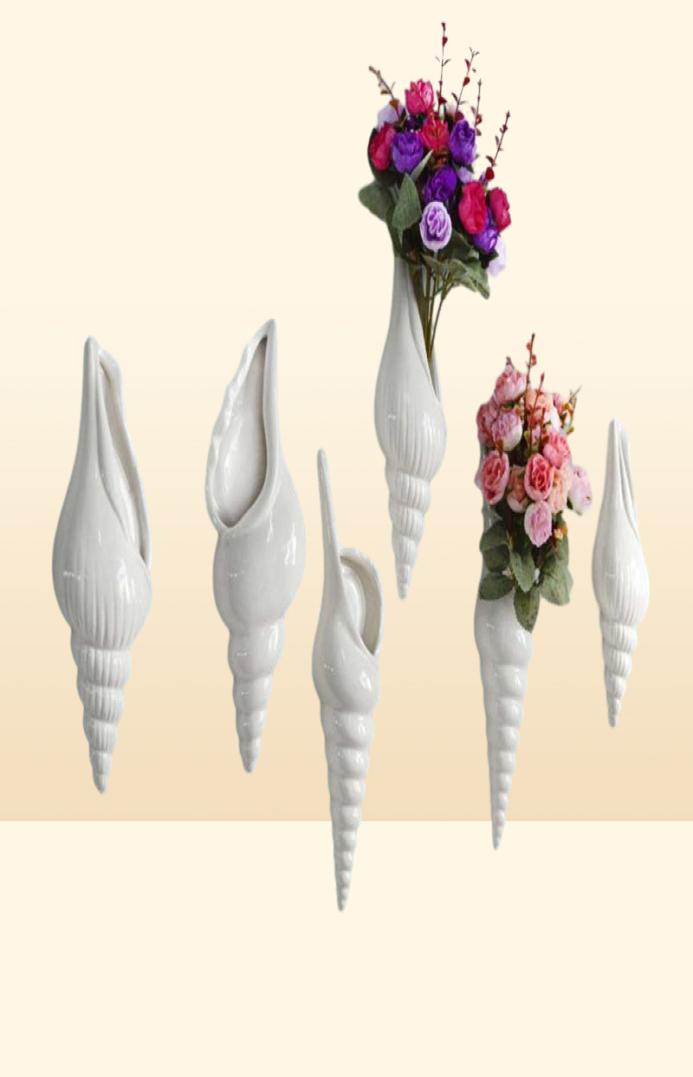 Vases 3 TYPES Modern White Ceramic Sea Shell Conch Flower Vase Wall Hanging Home Decor Living Room Background Decorated8902645