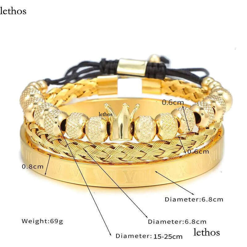 DHCollections Roman Letter Stainless Steel Men's Open Set Vintage King Crown Braided Bracelet for Men with 9 Beads 8f