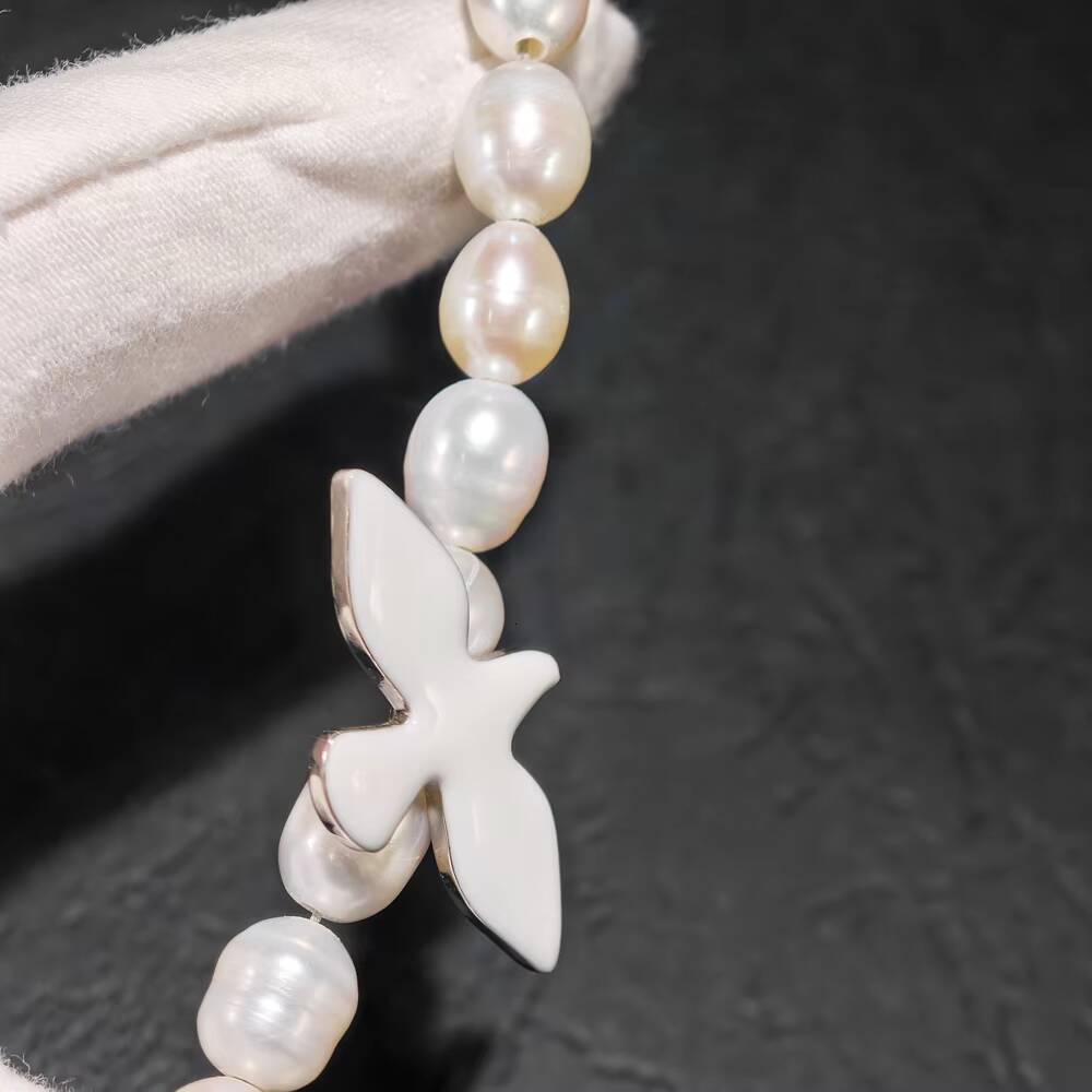 Fine Jewelry Elegant 925 Sterling Silver 5A Freshwater Rice Pearl Enamel Dove Necklace for Women Bride Wedding Anniversary Party