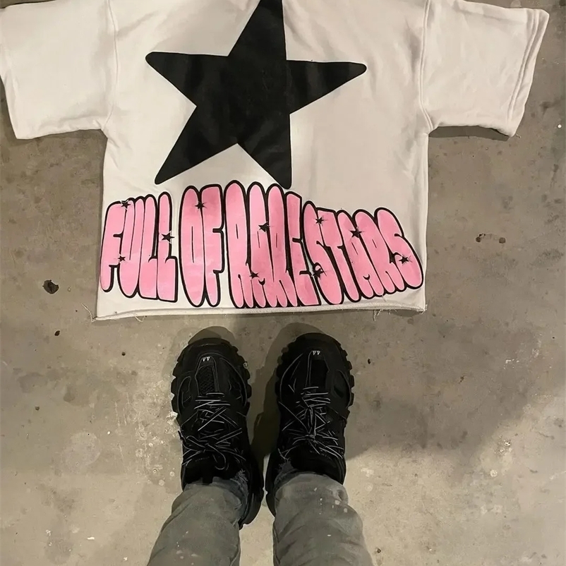 High Street Goth Pink Star Printed T-shirt Street Clothing Y2K Large Graphic T-shirt Harajuku Short Sleeve Mens Clothing 240924