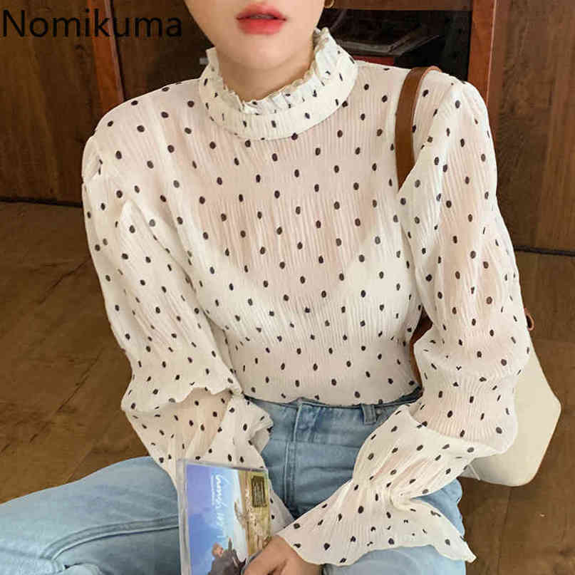 Nomikuma Korean Dot Chiffon Women Blouses Causal Stand Neck Flare Long Sleeve Shirt Causal Perspective Blusa Feminimos 6D747 210427
