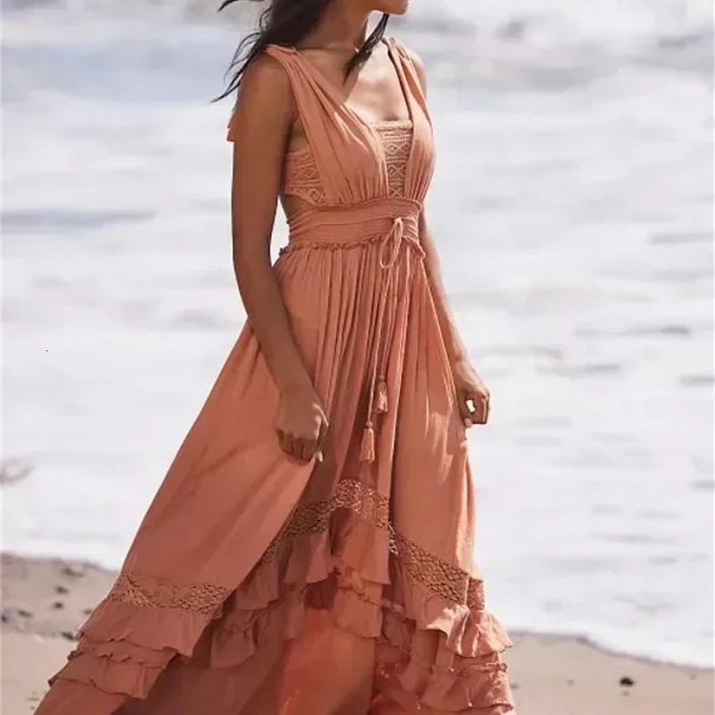 Canwedance Summer Beach Dress Sleeveless Cotton Maxi Dress Bohemian Style Solid Color Lace Ruffle Sundress Inkless Tank Top 241231
