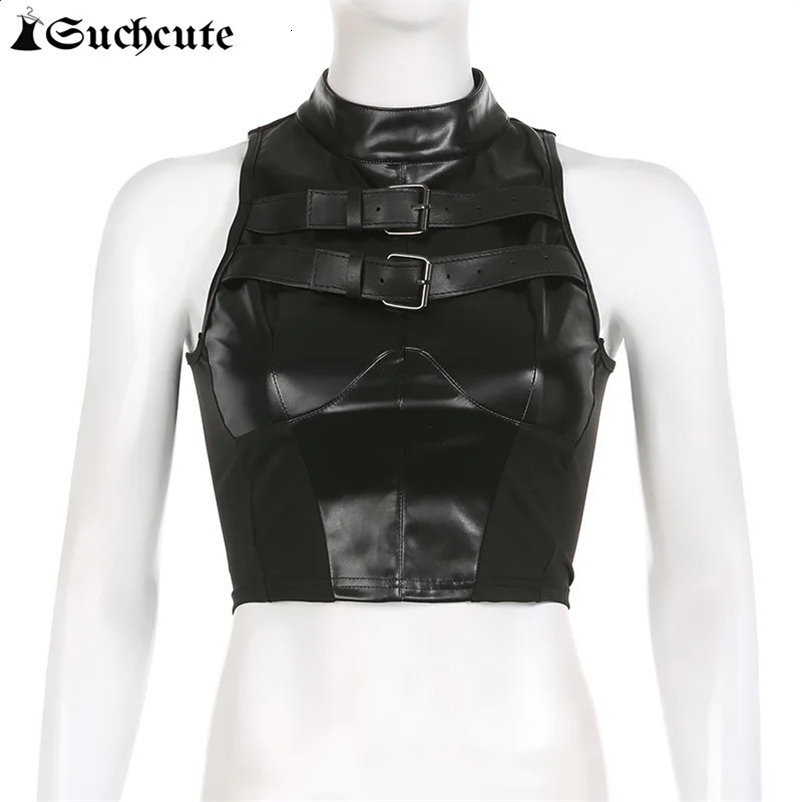 SUCHCUTE punk style leather PU patch work top womens Grunge bicycle sleeveless tight corset vest street clothing dark academic vest 250422
