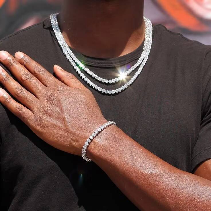 Mens Womens Moissanite Jewelry 3mm5mm Necklace VVS 925 Sterling Silver Tennis Chains with Gold Plating Claw Setting for Gifts