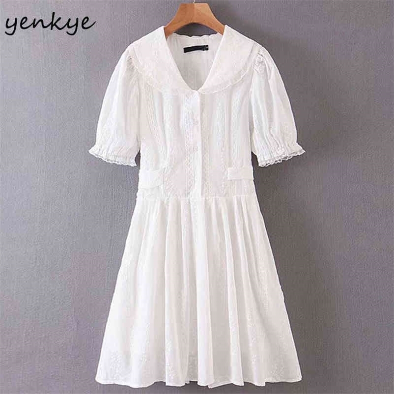 YENKYE Summer Dress Sweet Women Sexy Lace Trims White Dress Female Peter Pan Collar Short Sleeve Sashes A-line Mini Vestido 210515