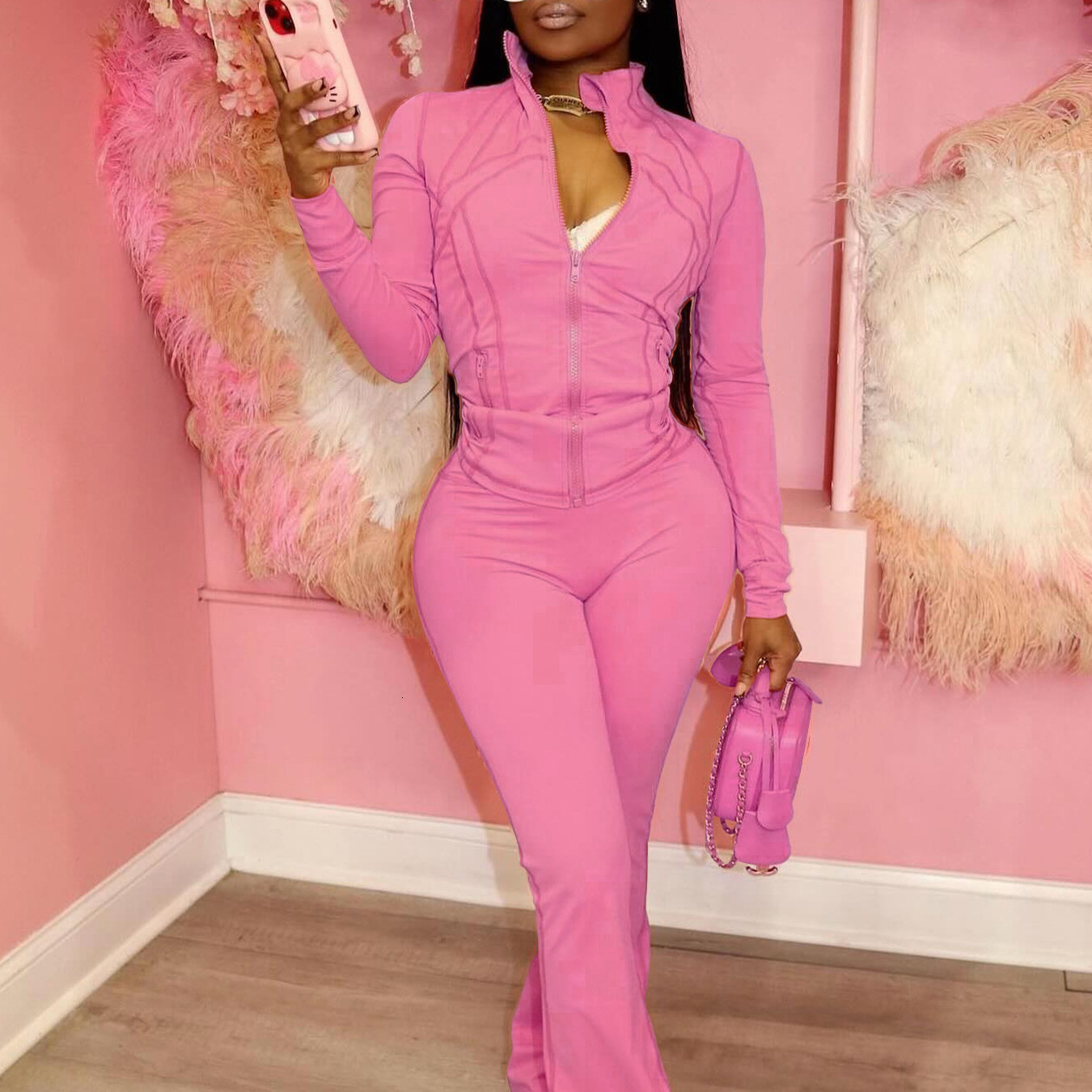 2025 Spring Summer New Sports and casual Women's Sexy Tight Long Sleeve Horn Two-piece Set