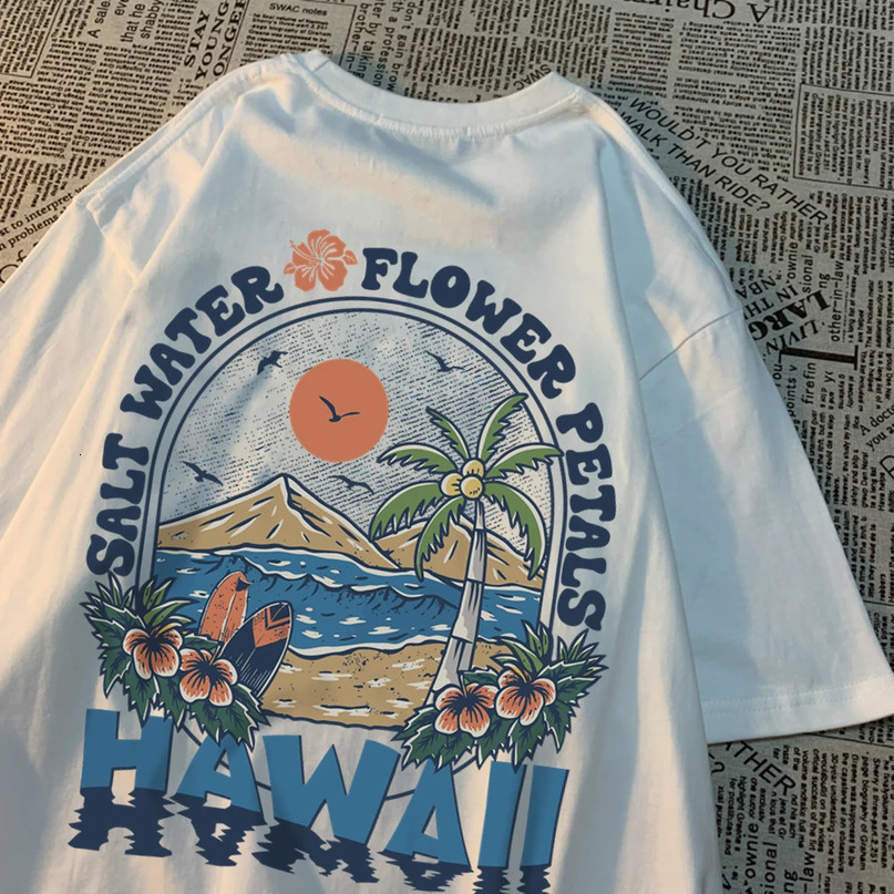 Salt Water Flower Petals Hawaiian print Tshirt womens casual sweatshirt cotton Hip Hop oversized top 240820