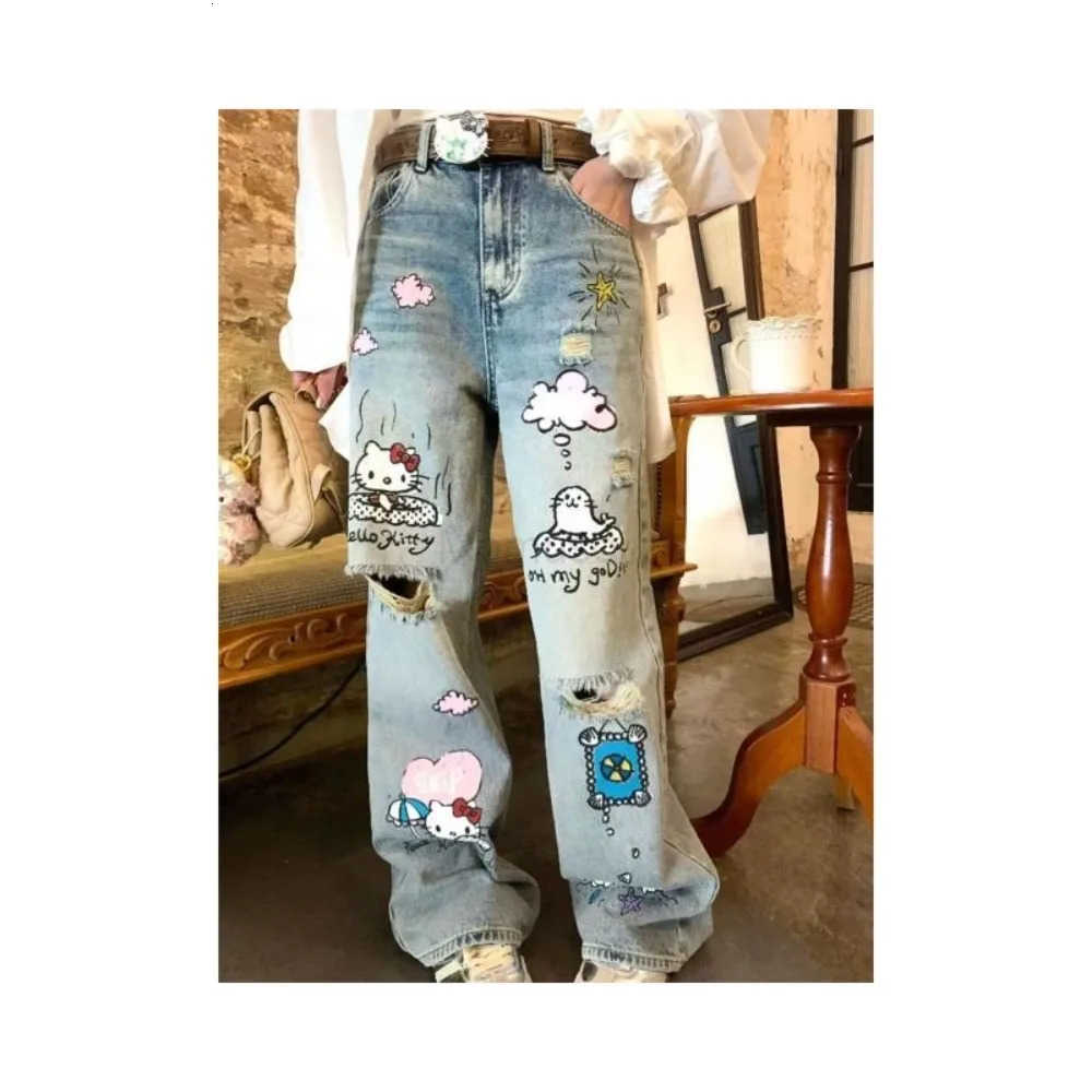Sanrio Kawaii HelloKitty Streetwear Jeans Woman Hip Hop Style Distressed Washed Ripped Design Loose Fit Oversized Wide Leg Pants L250925