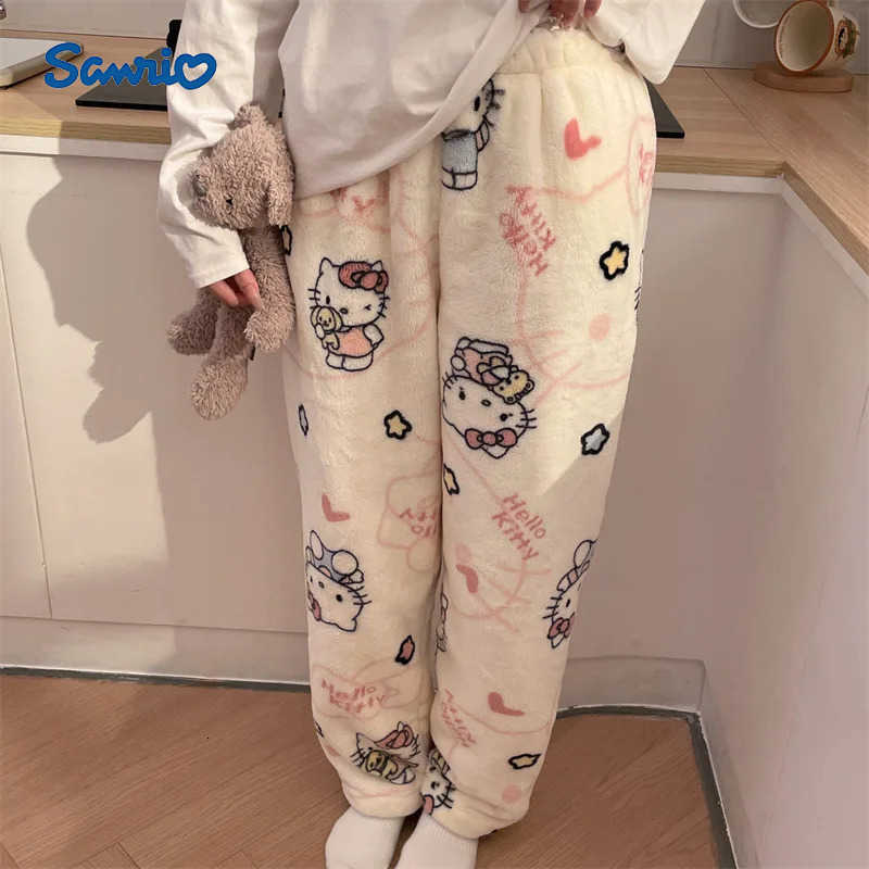 Sanrio Hello Kitty printed pattern with flannel sleeping pants for women warm autumn and winter pants home wear casual pants L250925