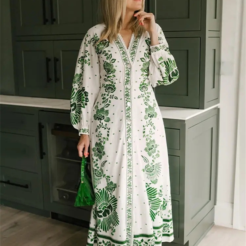 Fashion Green Print Single Breast Maxi Dress Women Elegant Lapel Long Lantern Sleeves Long Robes Beach Vocation Vestido 240703