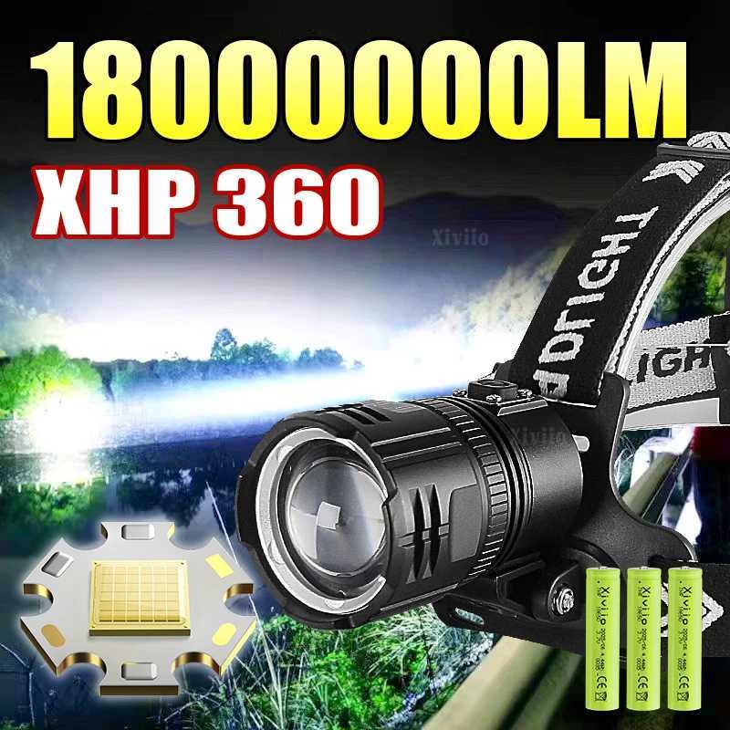 18000000LM Powerful XHP360 Headlamp USB Rechargeable Headlight 18650 Strong Light Head Flashlight Camping Fishing Head Lantern J250925