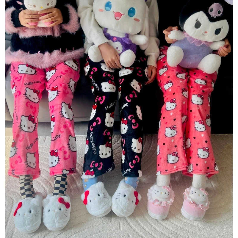 Sanrio Hello Kitty Flannel Pajamas Y2k Kawaii Anime WomenS Warm Woolen Cartoon Casual Home Pants Autumn Winter Fashion Trouser L250925