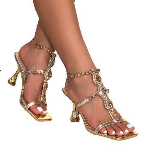 Shoes New Heavy Duty Gold Gem Rhinestone Stiletto Open Toe Sandals Women's Summer High Heels