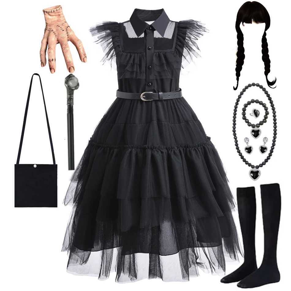 Girls Black Gothic Costume Kids Teen Addams Dance Vestidos Halloween Cosplay Robe Clothes W250925