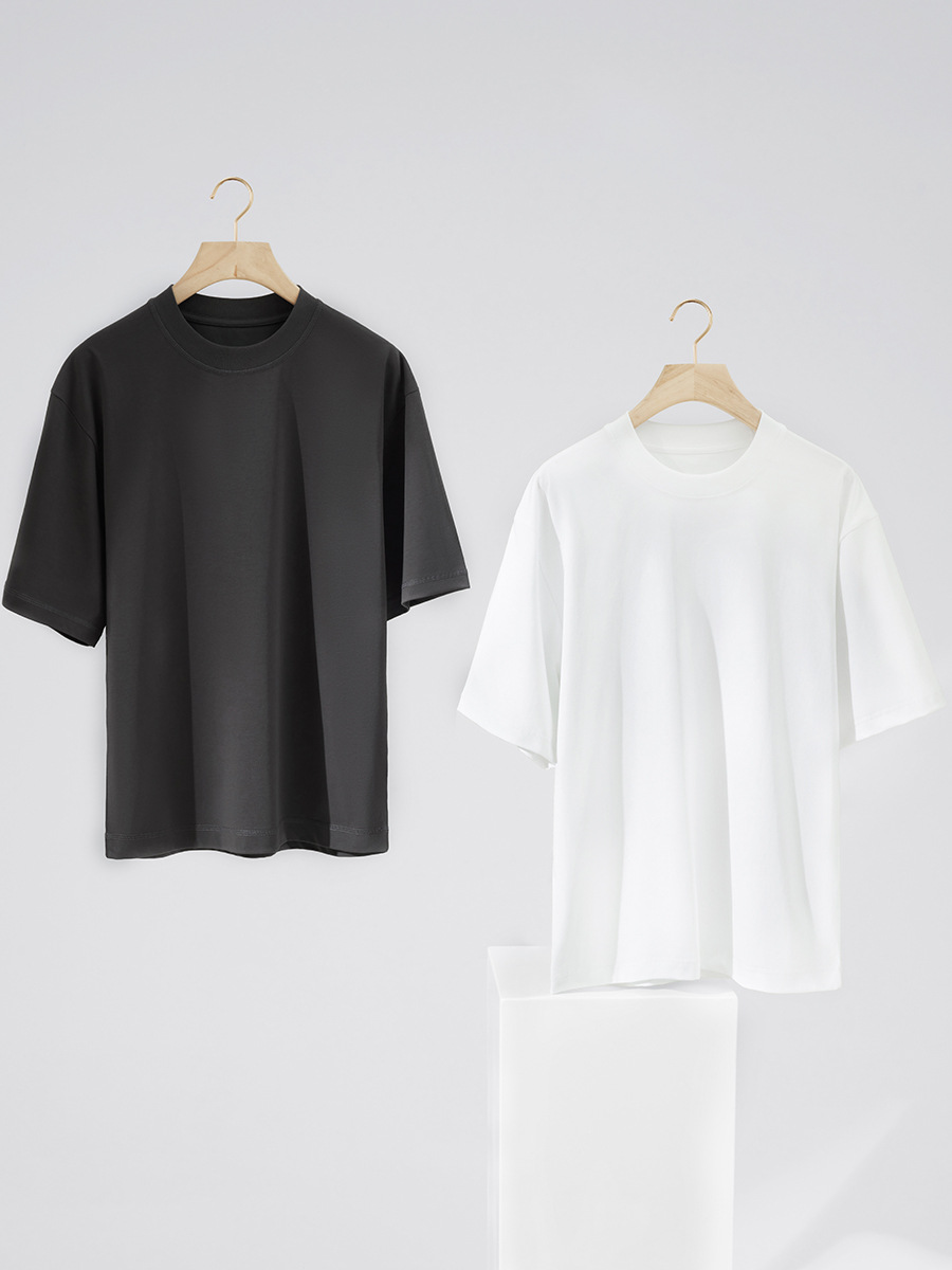 Men's Summer New College-Style Solid Color T-Shirt - 230g Elastic Crew Neck, Cool Touch & Sun Protection, Loose-Fit Casual Menswear -57M