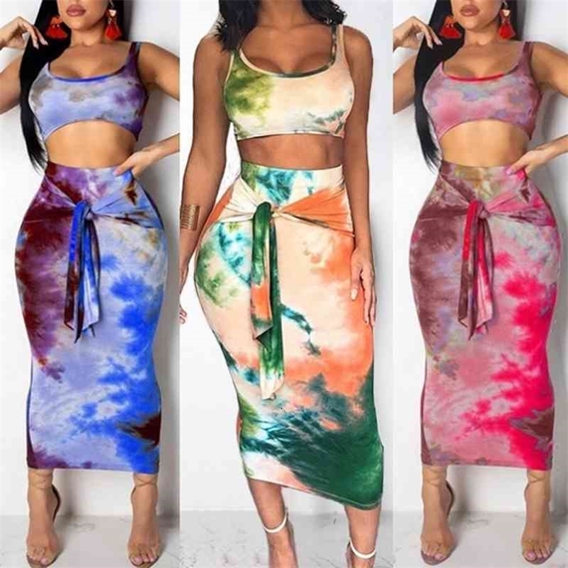 Summer Women Two Piece Set Tie Dye Skirt Set 2 Piece Sexy Streetwear Festival Clothes Tracksuit Outfits Sportswear 210708
