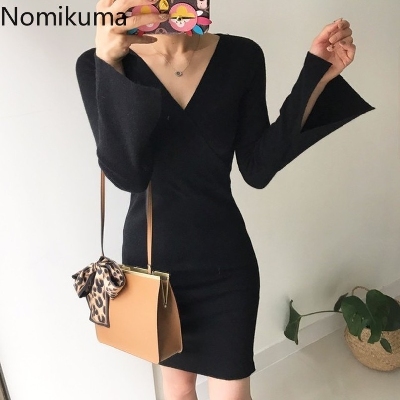 Nomikuma Sexy V-neck Knitted Dresses Korean Split Flare Long Sleeve Sweater Dress New Stretch Slim Bodycorn Vestidos 6E387 210427