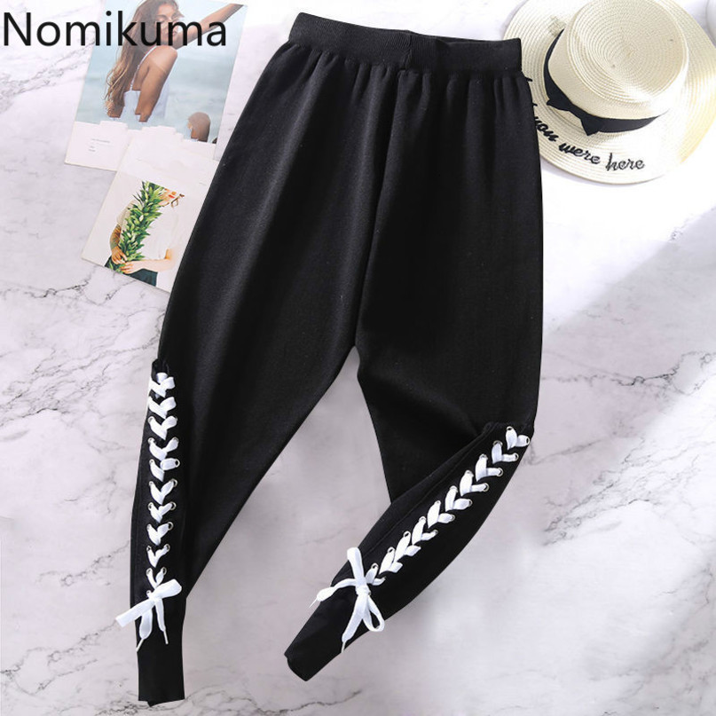Nomikuma Autumn Knitted Harem Pants Korean Cross Bow Bandage Sweater Pants Causal Stretch High Waist Anke Trousers 6C792 210427