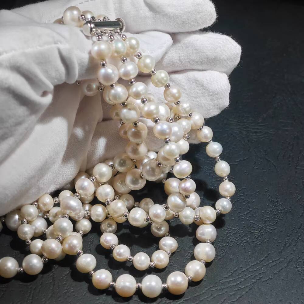 Luxury High Quality 79mm 5A Natural Freshwater Pearl 3 Rows Pearl Necklace for Women Bride Party Banquet Wedding Silver Jewelry